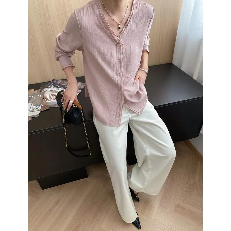 Comfort Double Layer Lace V Neck Loose Textured Shirt