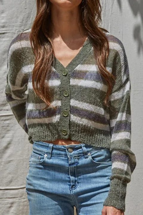 Women's Striped Cropped Knit Cardigan