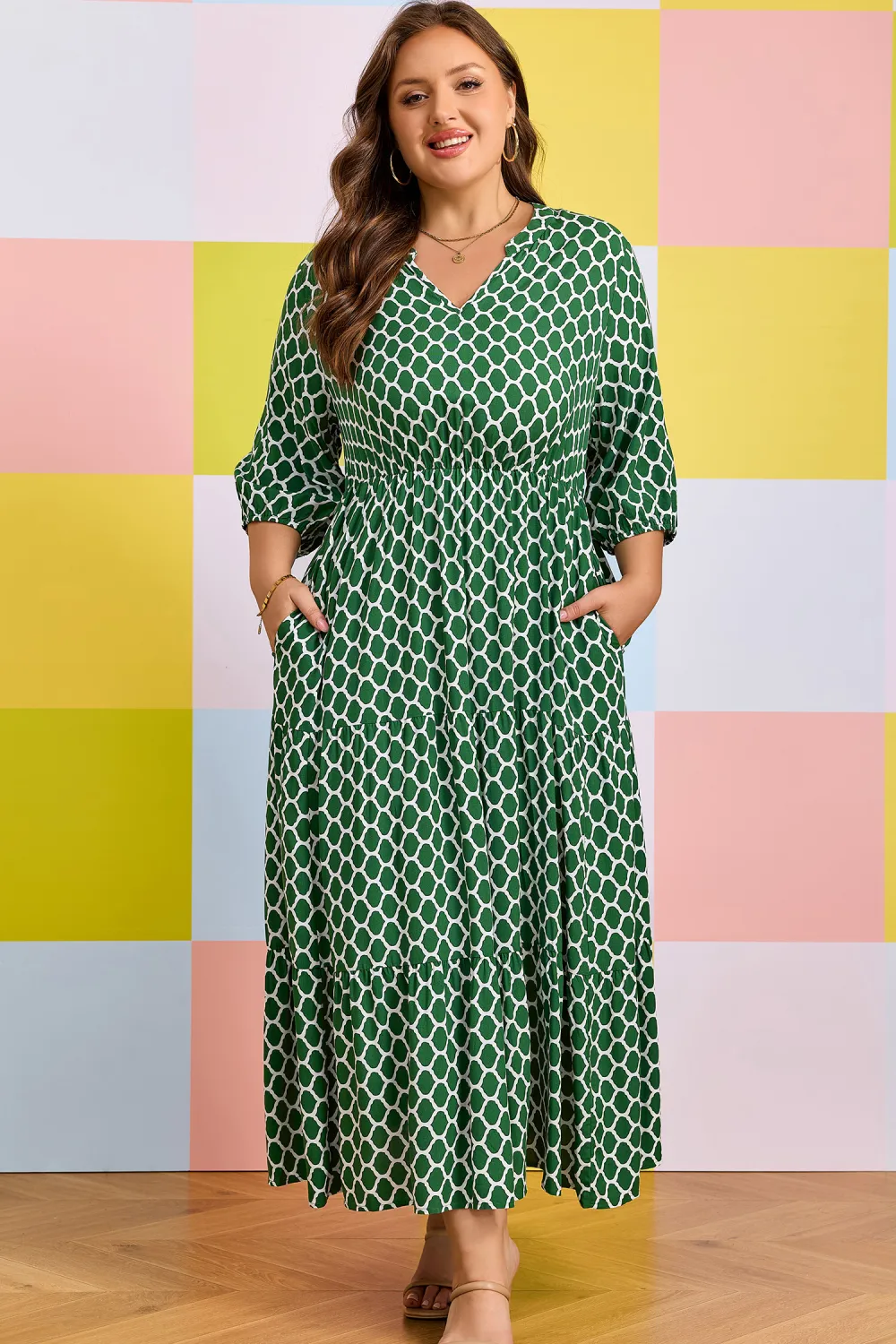 Green Geometric Ruffle Hem Dress