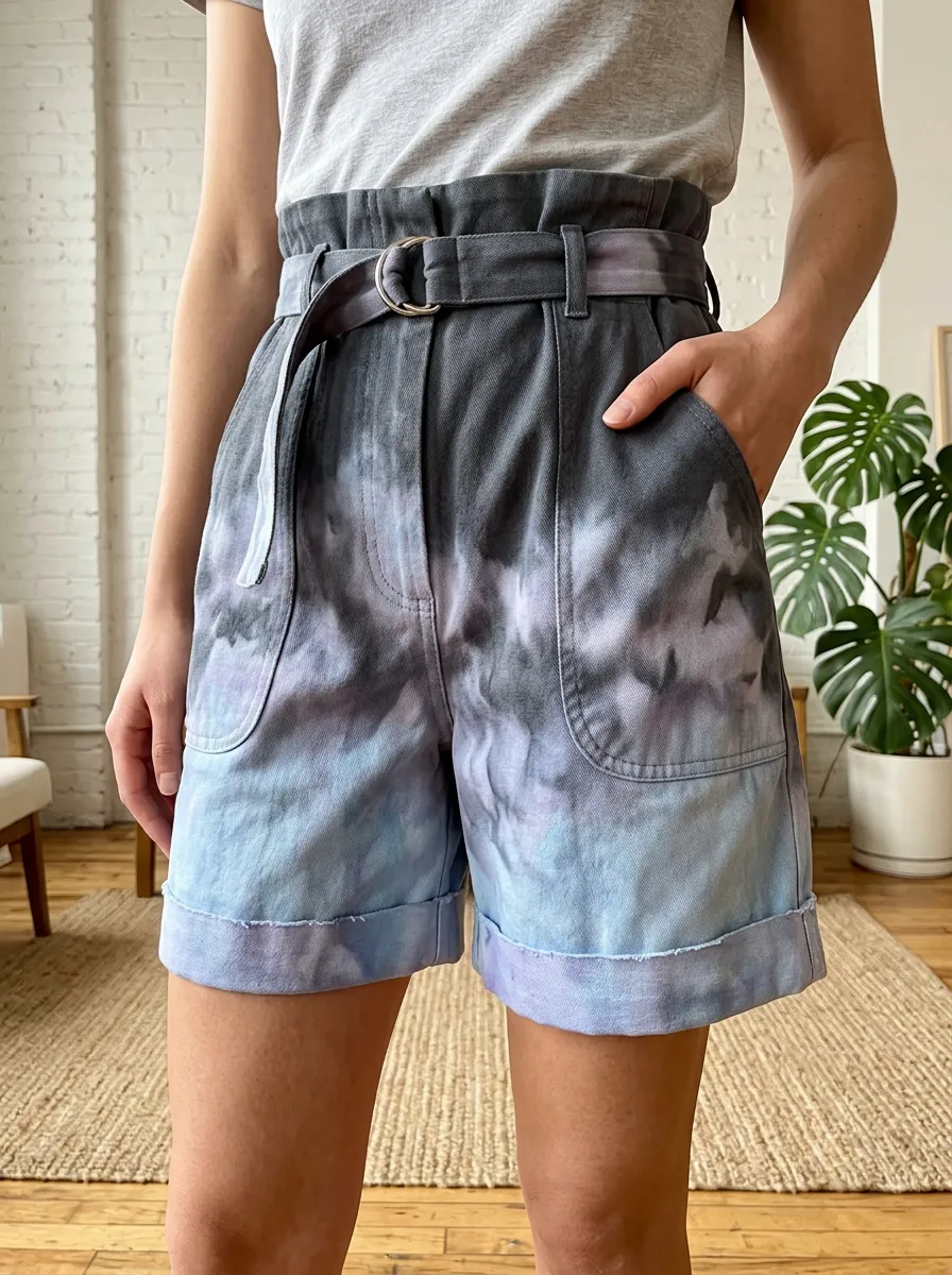 Women's Casual Tie-Dye High-Waisted Belted Printed Shorts