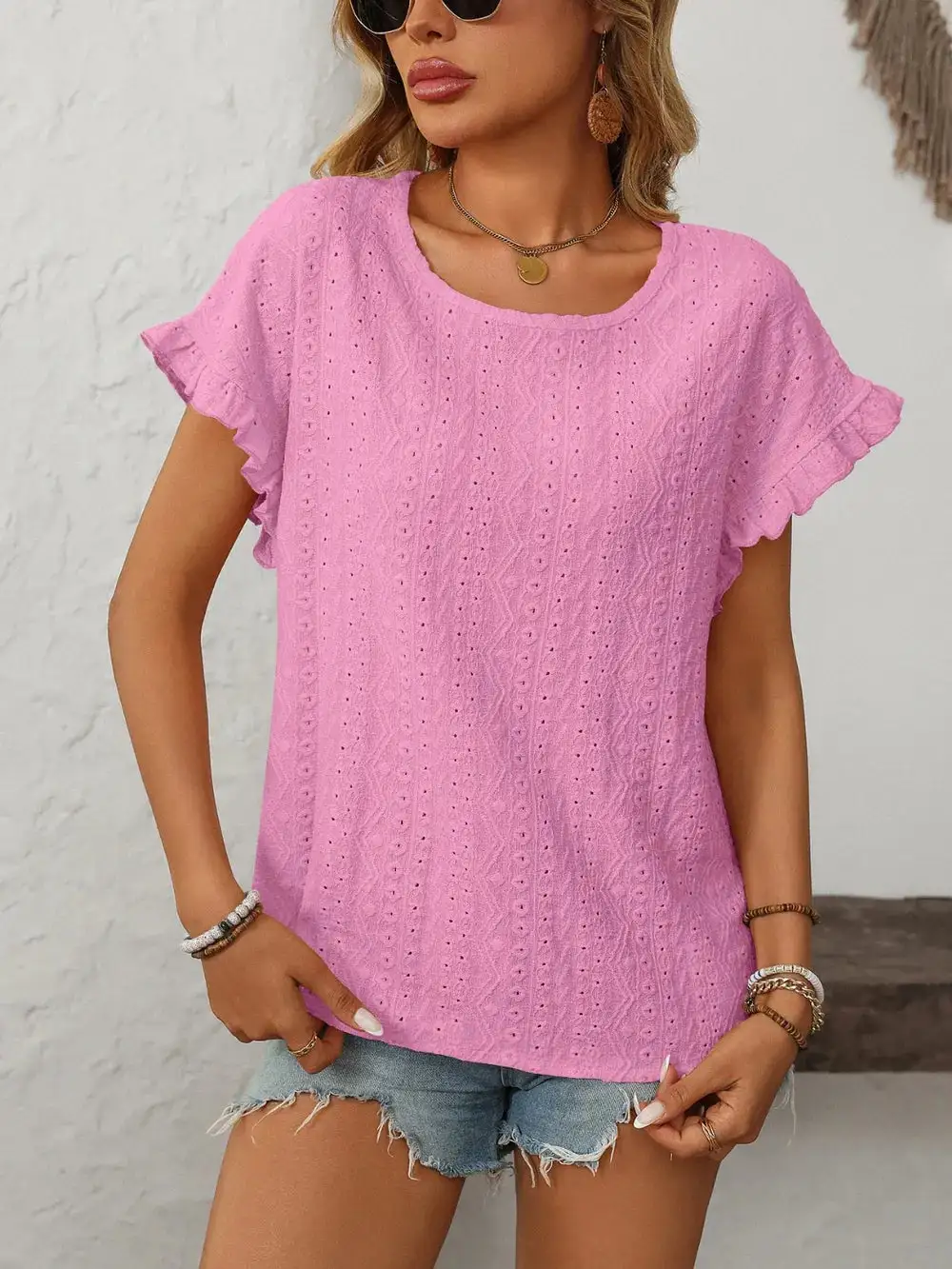 Mandy Eyelet Frill Round Neck Short Sleeve Top