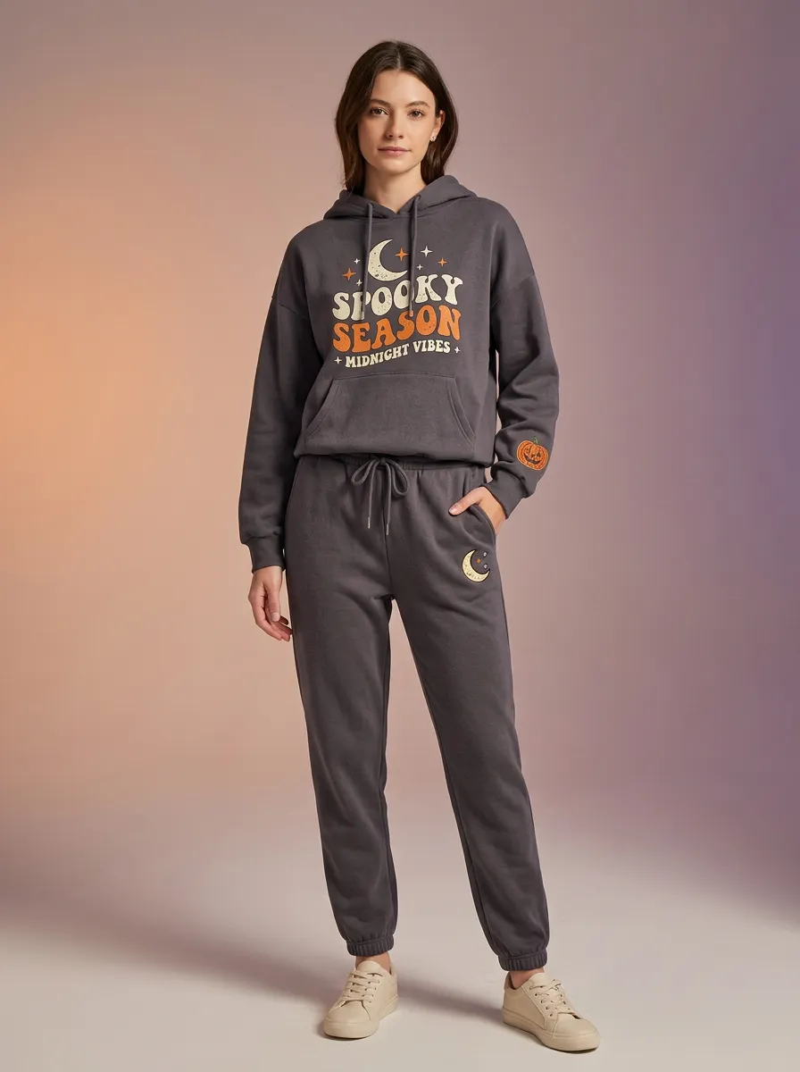 Women's Halloween Spooky Season Moon Pumpkin Printed Tracksuit
