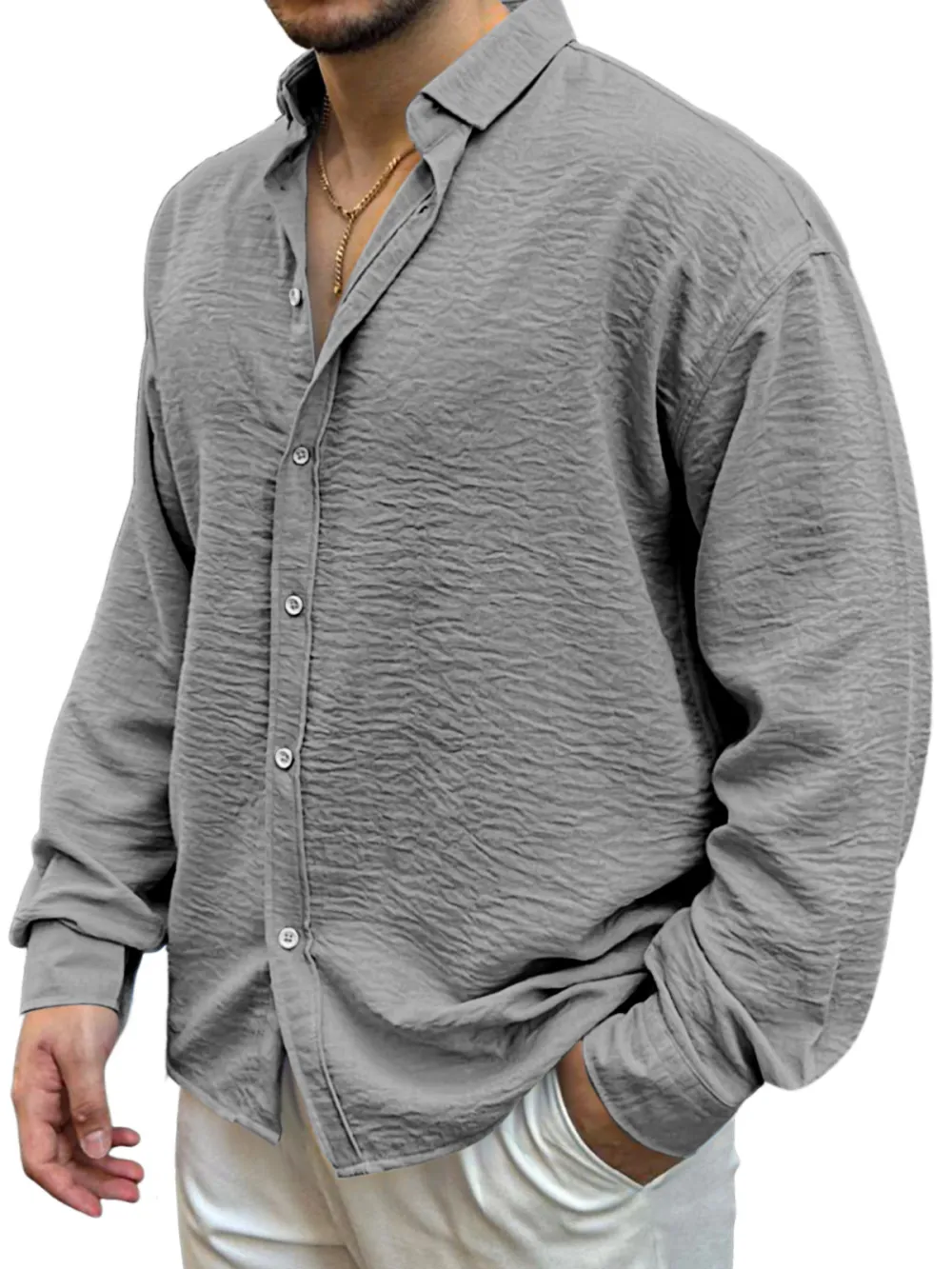 Garment Washed Camp Collar Pleated Front Shirt