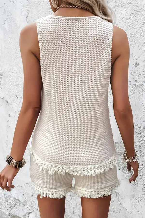 Neck Solid Color Tassel Casual Two Piece Set