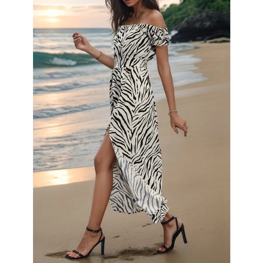 Slit Animal Off-Shoulder Midi Dress