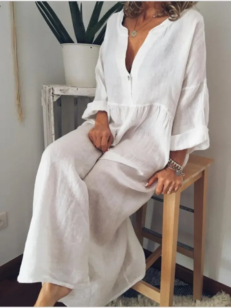 Linen Blend Cotton Blend Maxi Layered Look Dress