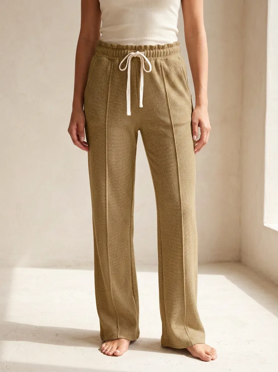 Women's Casual Lounge Waffle Knit Drawstring Wide Leg Pants