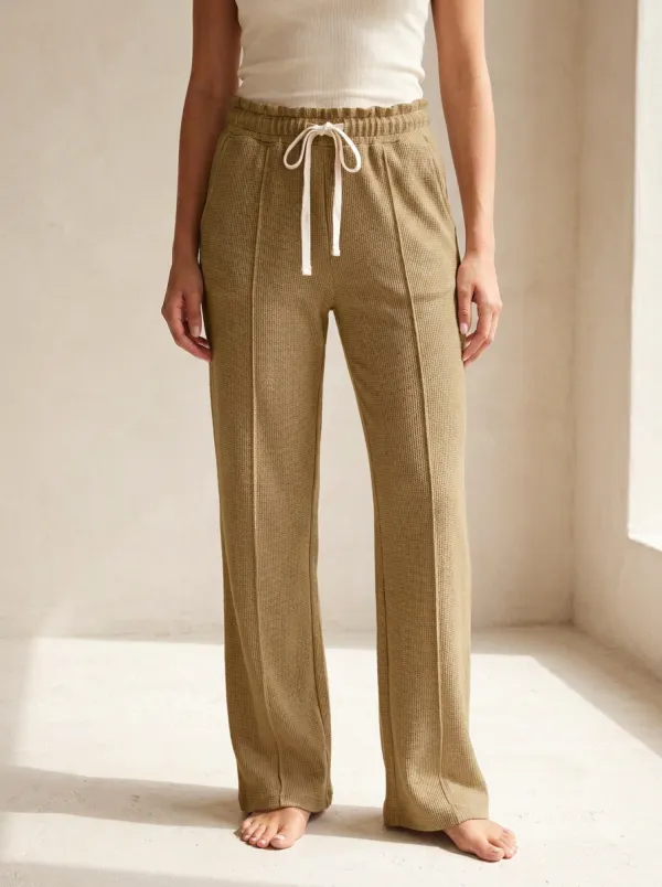 Women's Casual Lounge Waffle Knit Drawstring Wide Leg Pants
