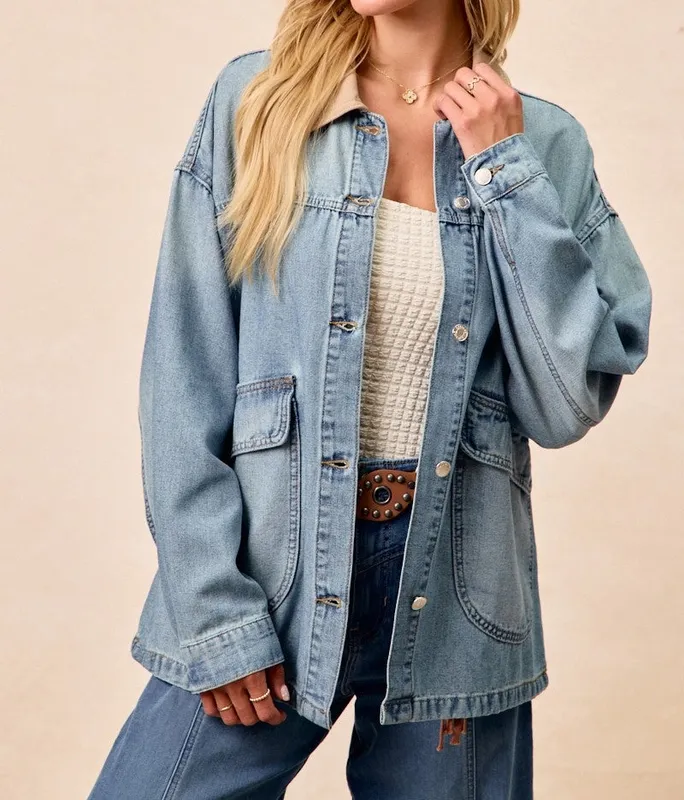 Washed Denim Jacket with Contrast Collar Detail