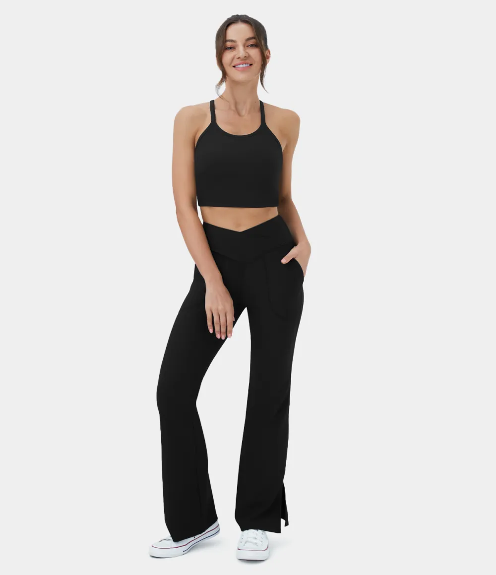 Patitoff Flow Pet Hair Resistant Crossover Pocket Split Hem Yoga Flare Leggings-Smile