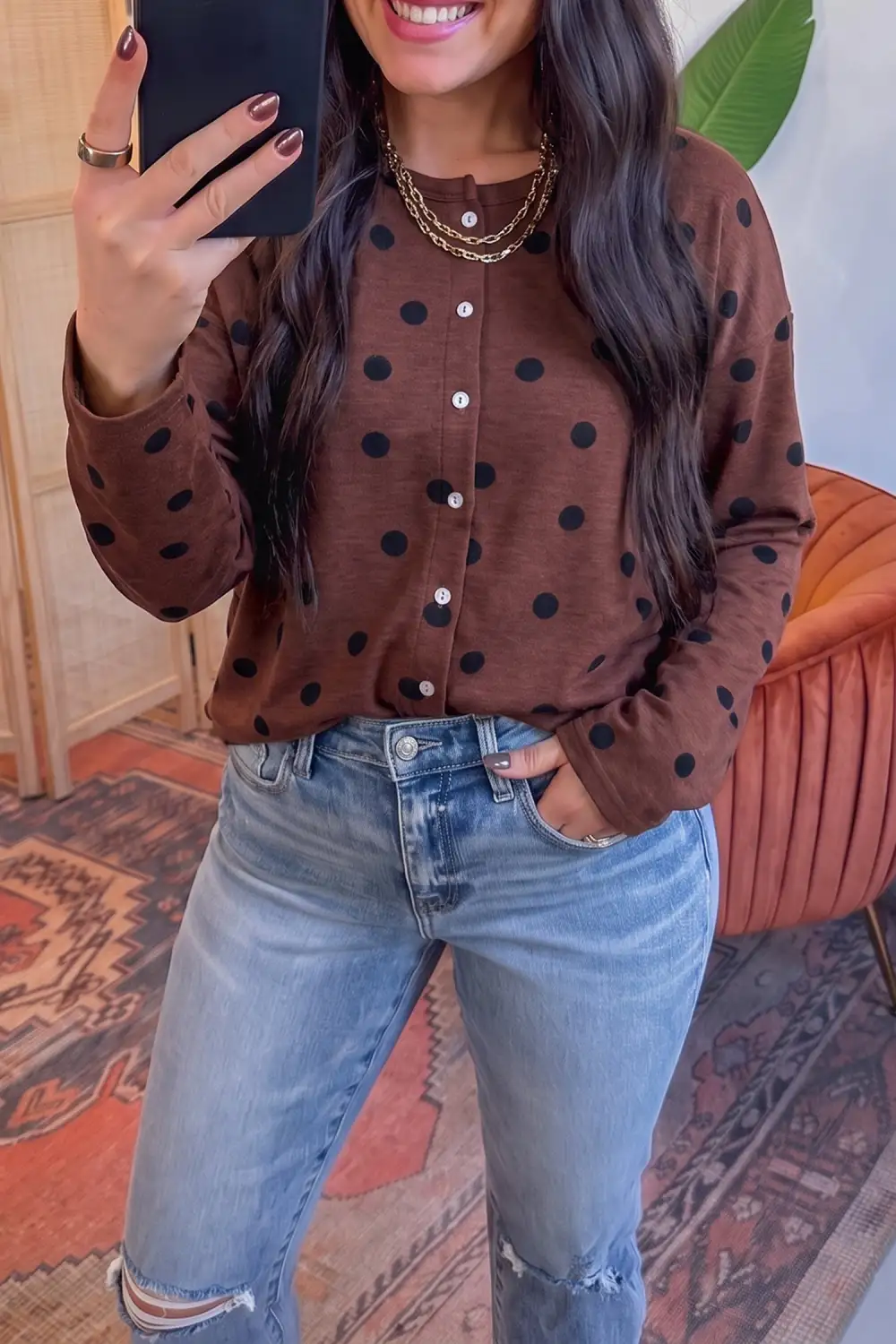 Women's Polka Dot Long Sleeve Button Front Top