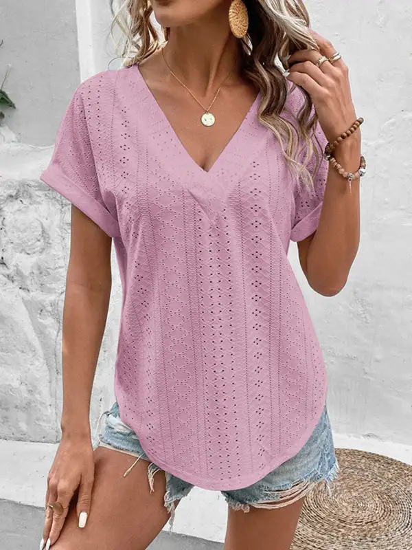 Relaxed Short Sleeve Cutout Panel Detail V-Neck T-Shirt