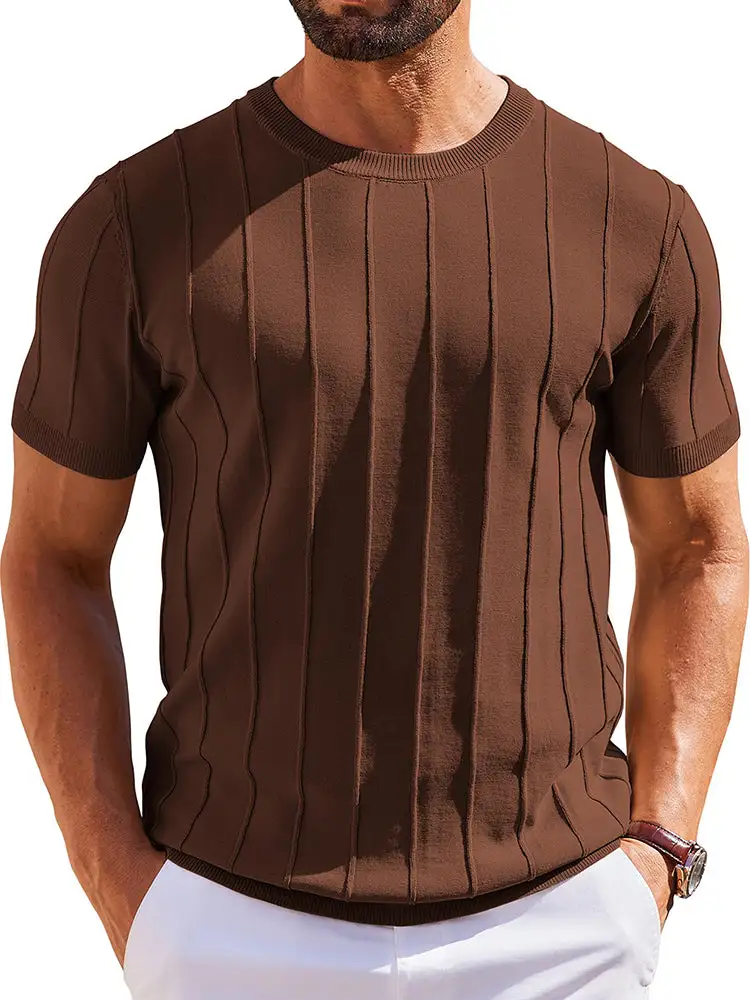 Casual Short Sleeve Shirt Ribbed Knit Pullover Tee