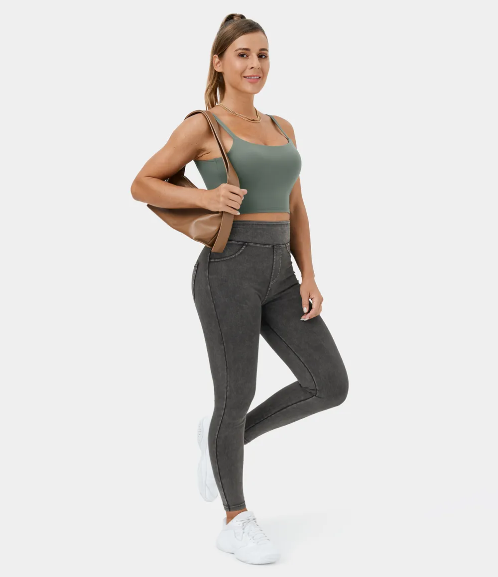 Magic High Waisted Back Side Pocket Stretchy Knit Denim Casual Leggings