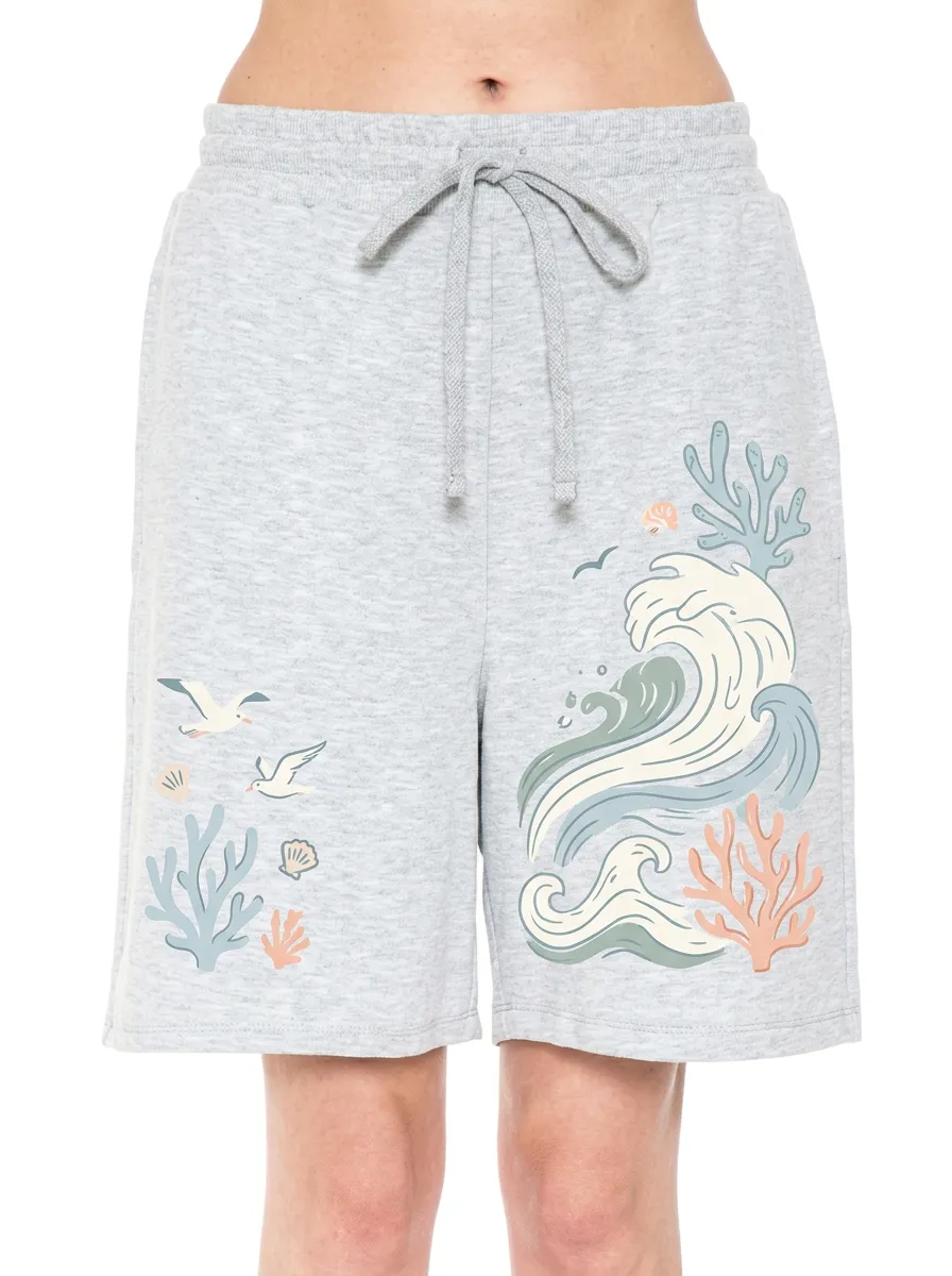 Women's Coastal Ocean Wave Coral Graphic Shorts