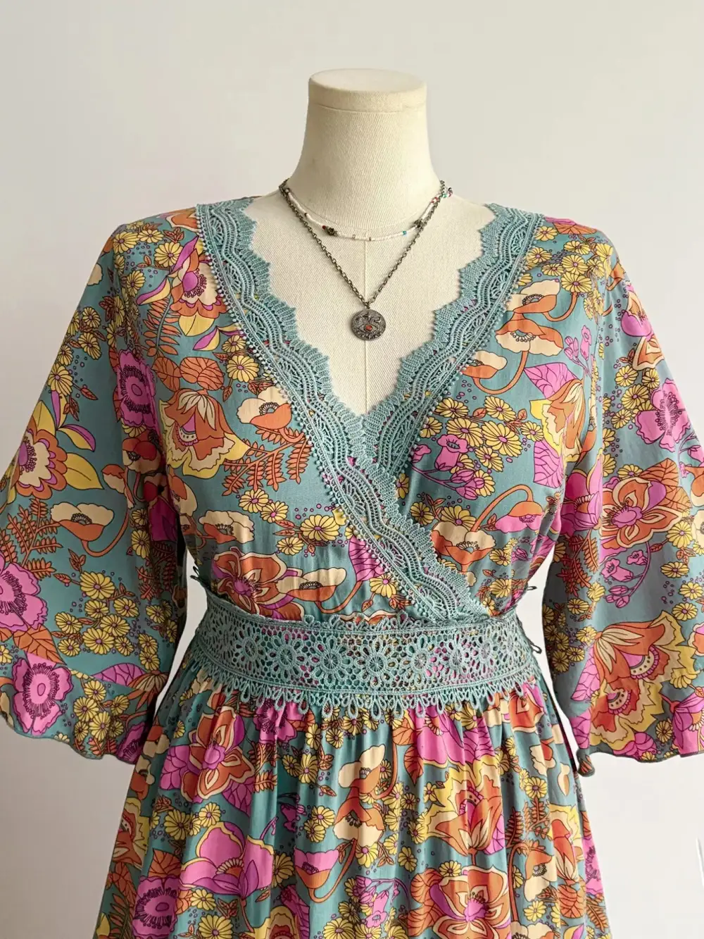 Floral Print Surplice Lace Trim Dress