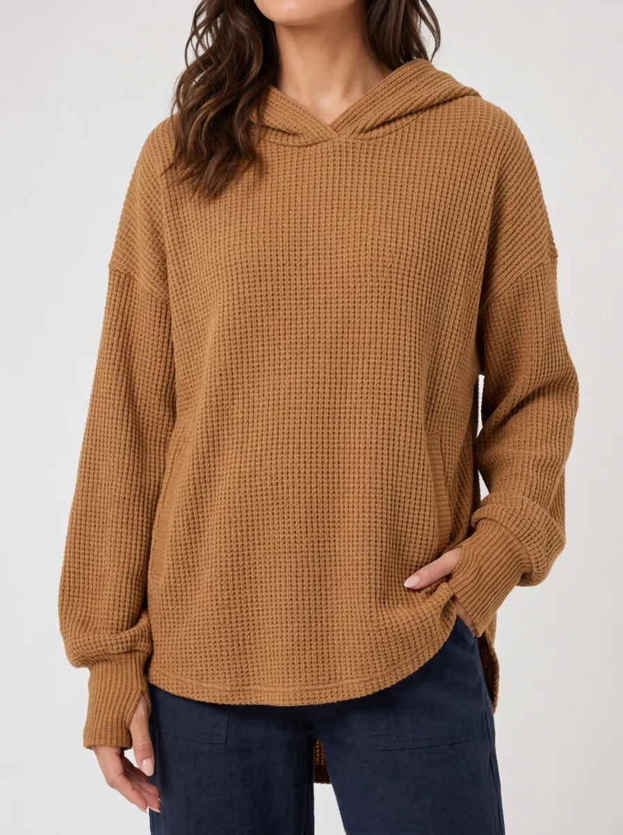Relaxed Everyday Casual Waffle Knit Hooded Pullover Top