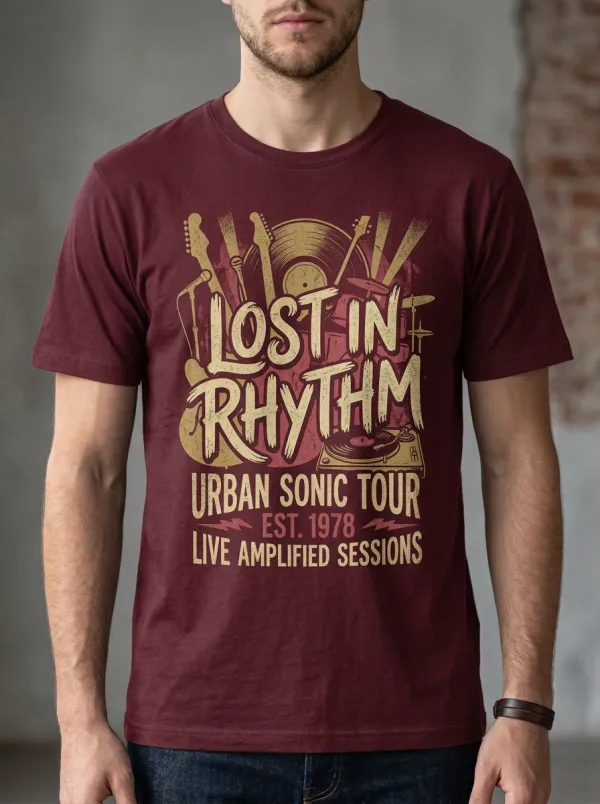 Men's Music Lover Lost In Rhythm Vinyl Guitar Printed T-shirt