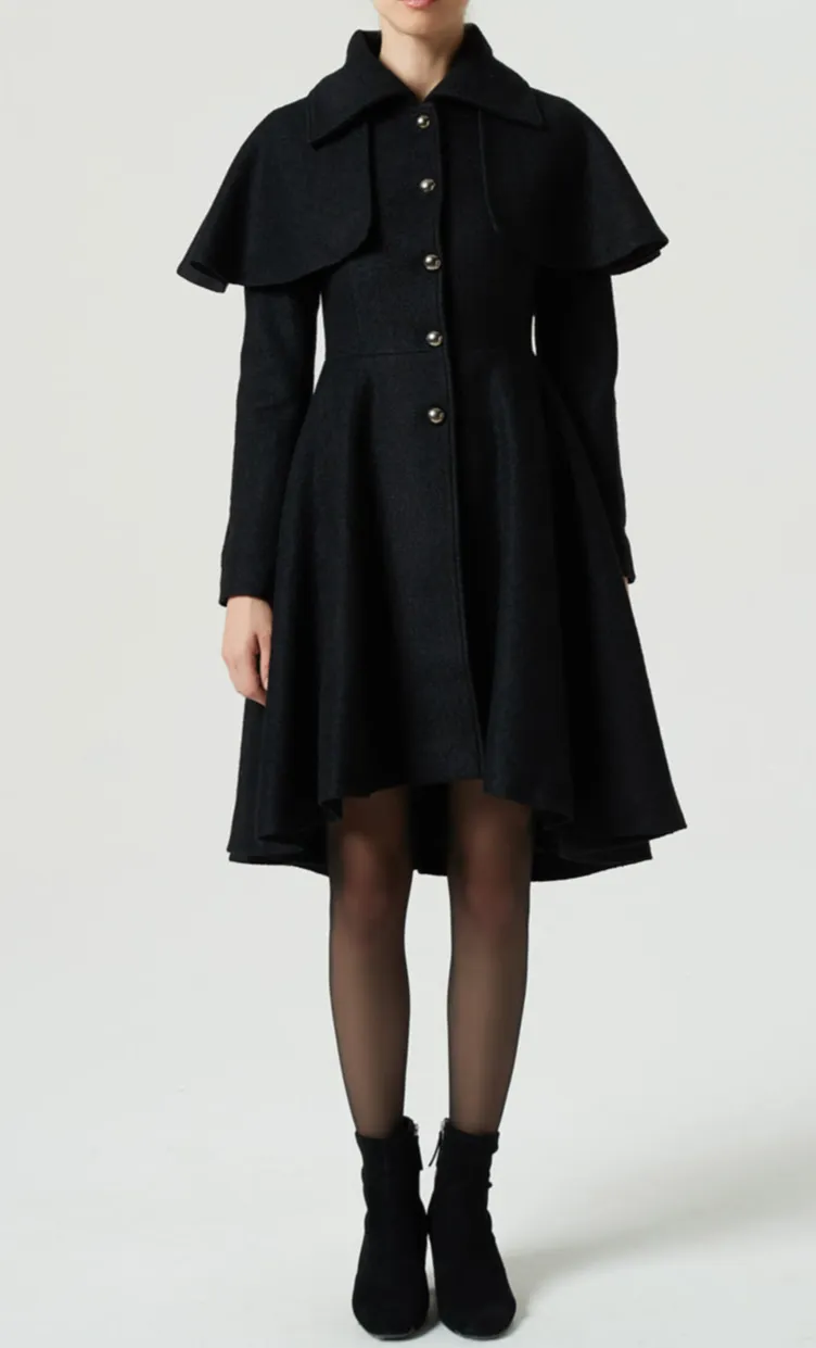 Wool Blend Cape Lapel Collar Cape Detail Pocketed Coat