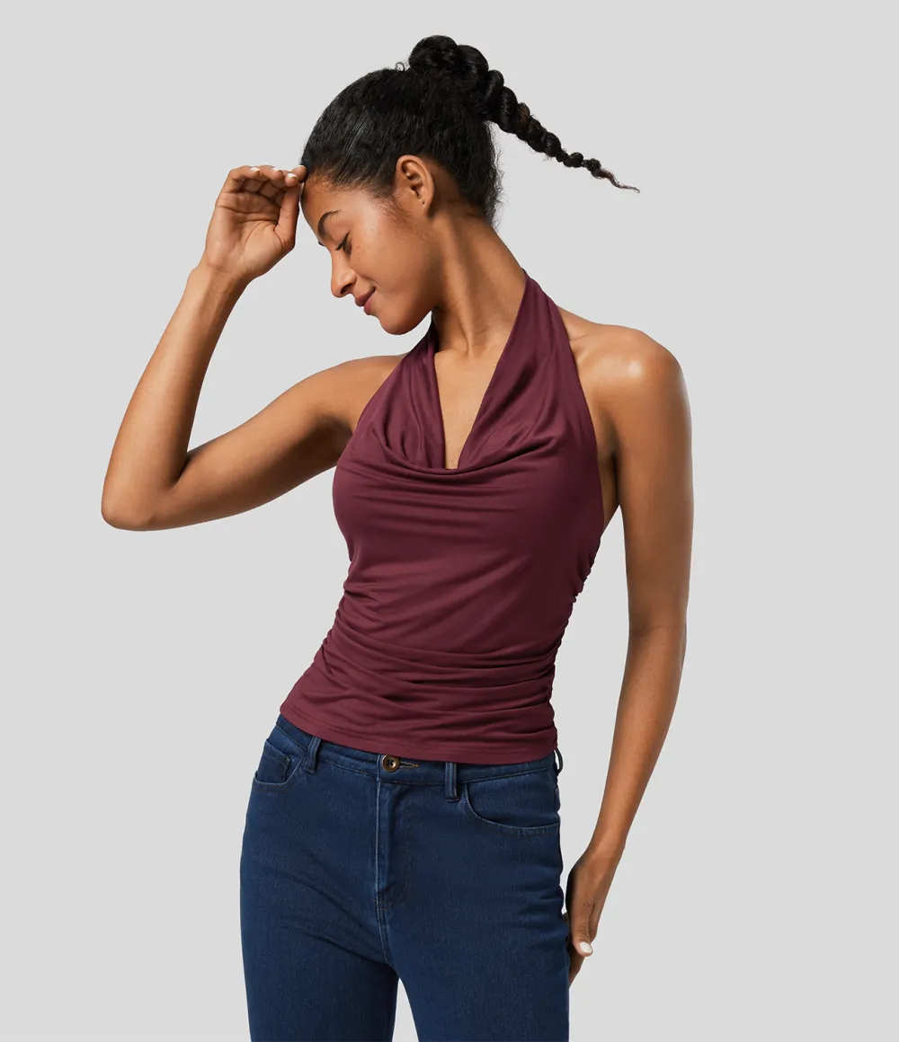 Halter Cowl Neck Backless Ruched Casual Tank Top