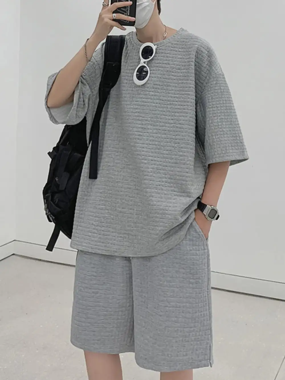 Short Sleeve Textured T-Shirt And Shorts Set