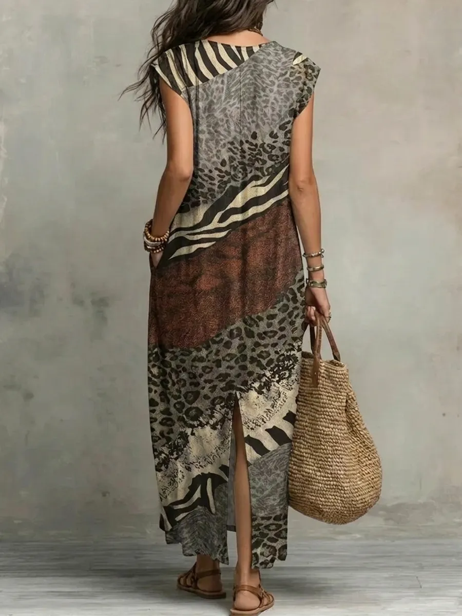 Ruffled Printed Sleeveless Neck Maxi Dress