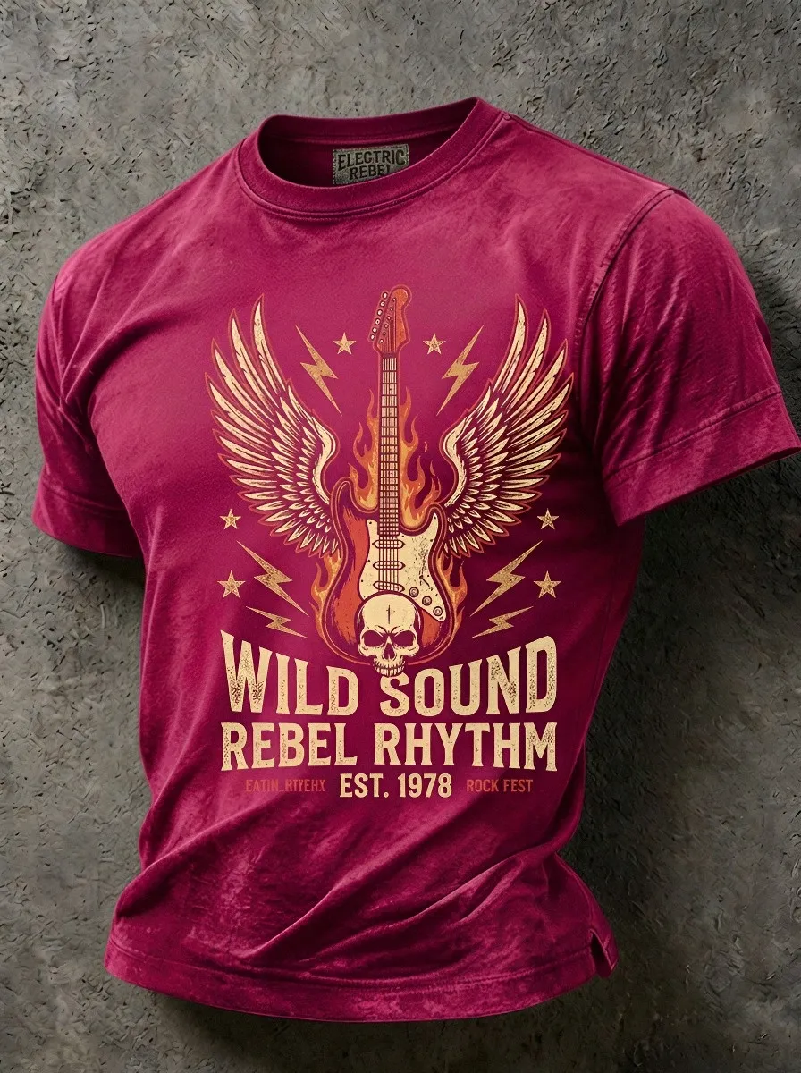 Men's Rock Music Lover Winged Guitar Skull Printed T-shirt