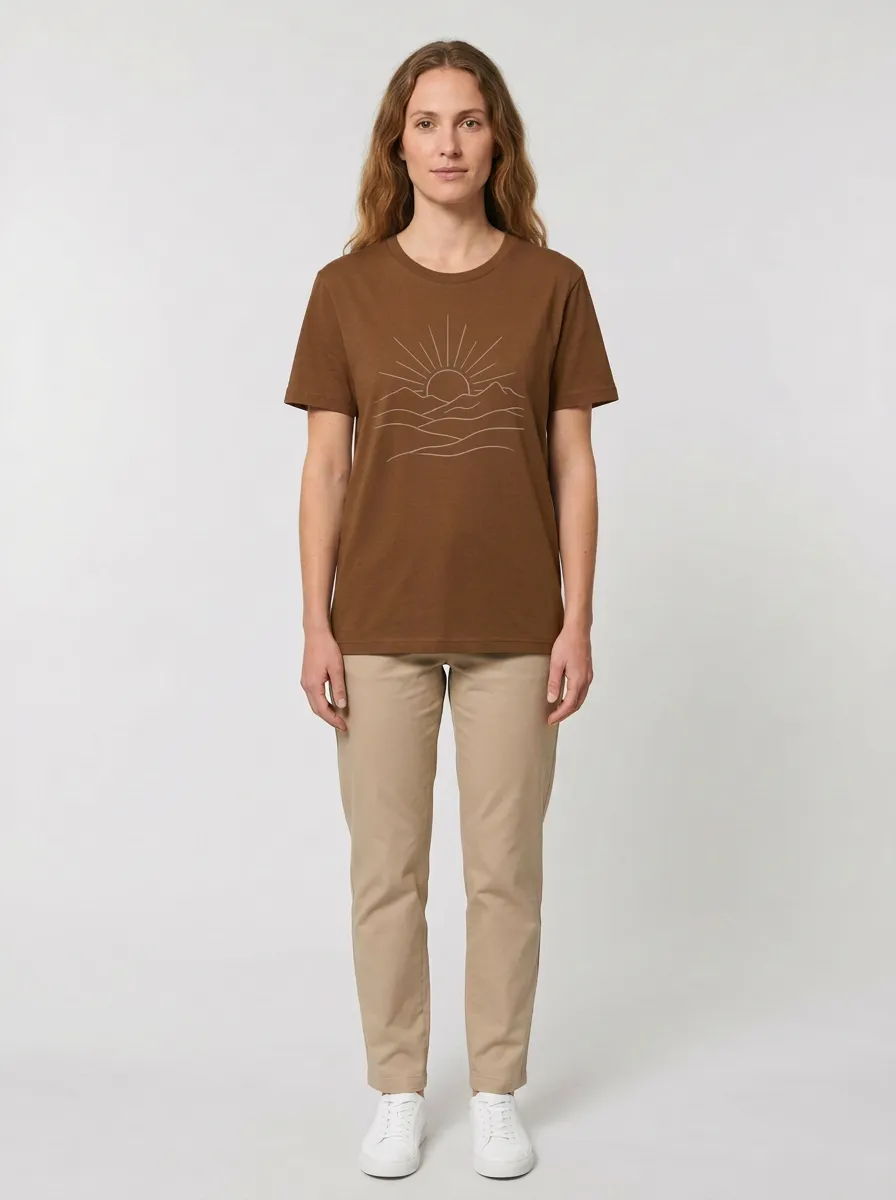 Women's Veterans Day Mountain Sunrise Line-Art Graphic Crewneck T-Shirt