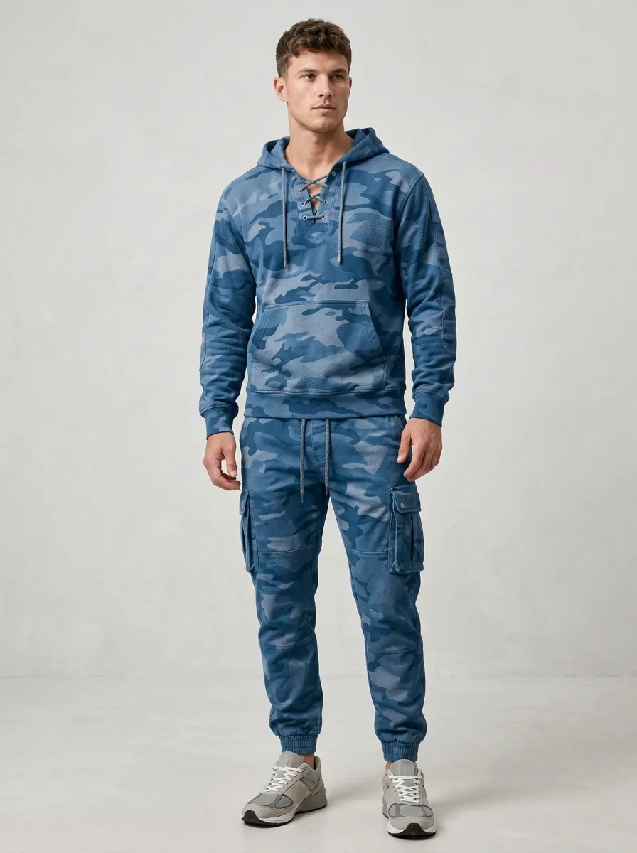Core Camo Lace-Up Classic Look Men's Lace Up Hoodie And Cargo Jogger Set