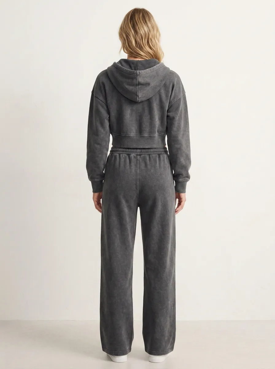 Zip-Up Vintage-Wash Jogger Sporty Women's Cropped Zip-Up Hoodie Jogger Active Set