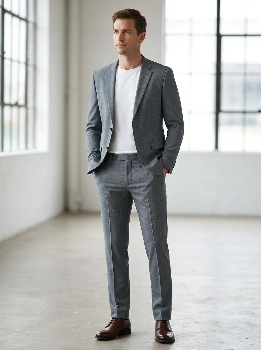 Men's Casual Business Grey Textured Slim Fit Suit Set
