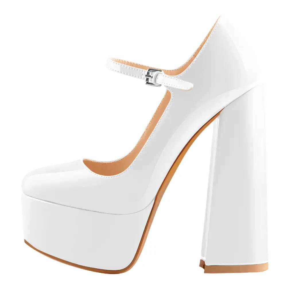 Patent Finish Pointed Toe Platform Chunky Heel Pumps