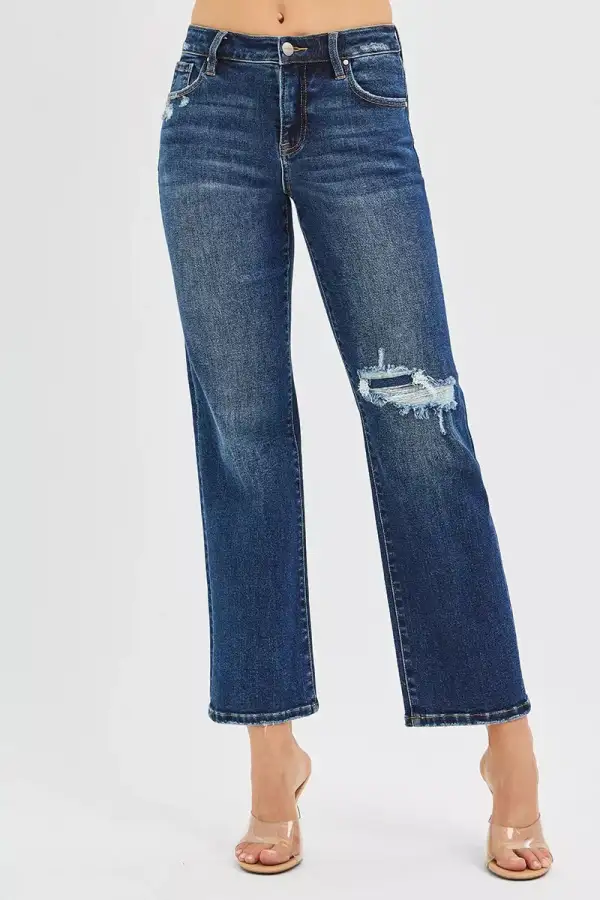 High-Rise Cropped Raw-Hem Distressed Slim Straight Jeans