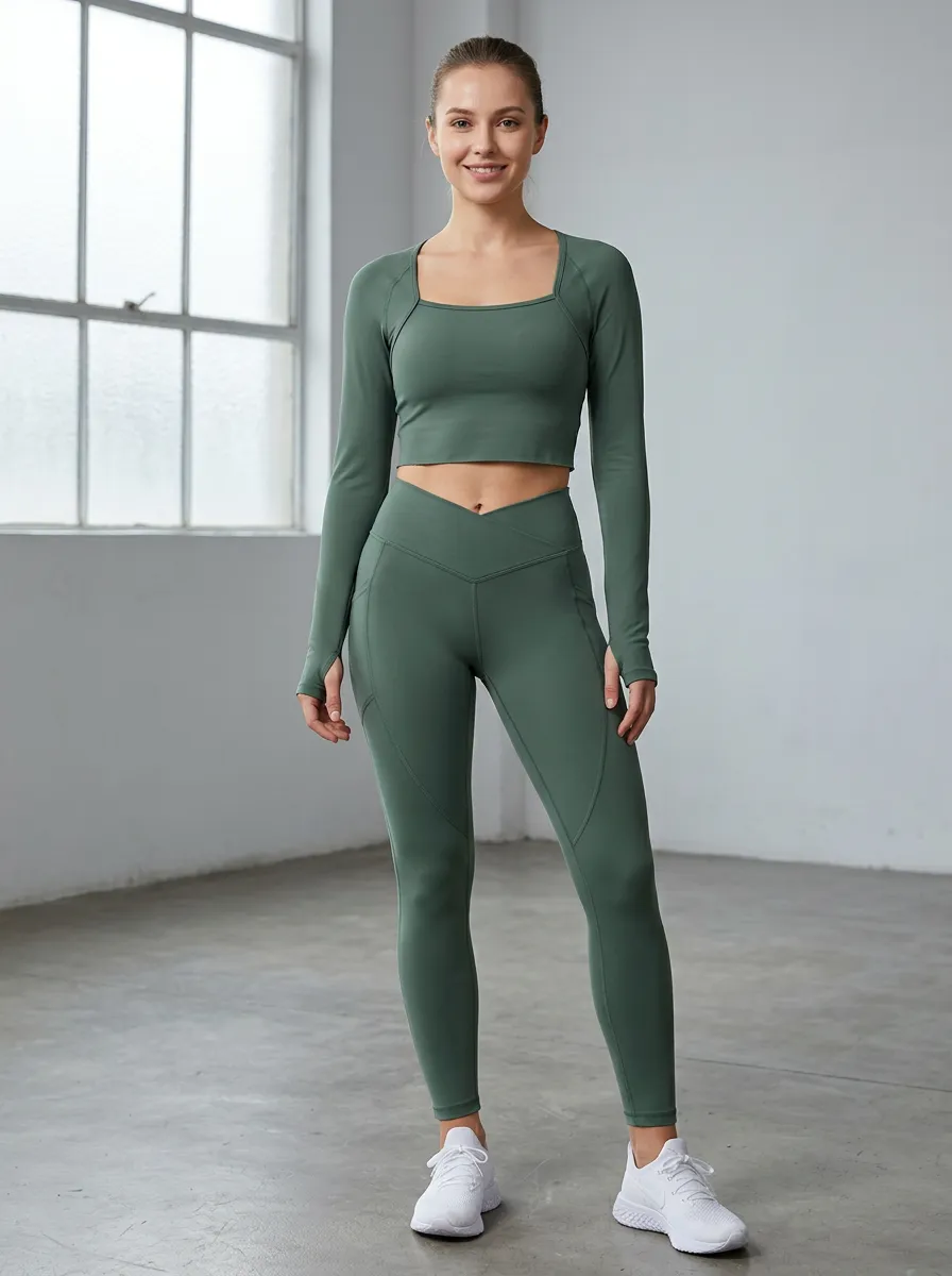 Women's Cross Waist Long Sleeve Leggings Set