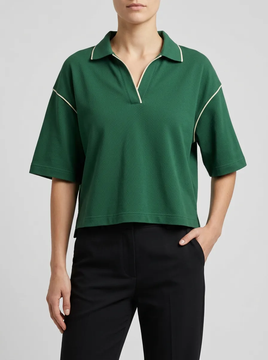 Women's Green V Neck Polo with Contrast Trim Detailing