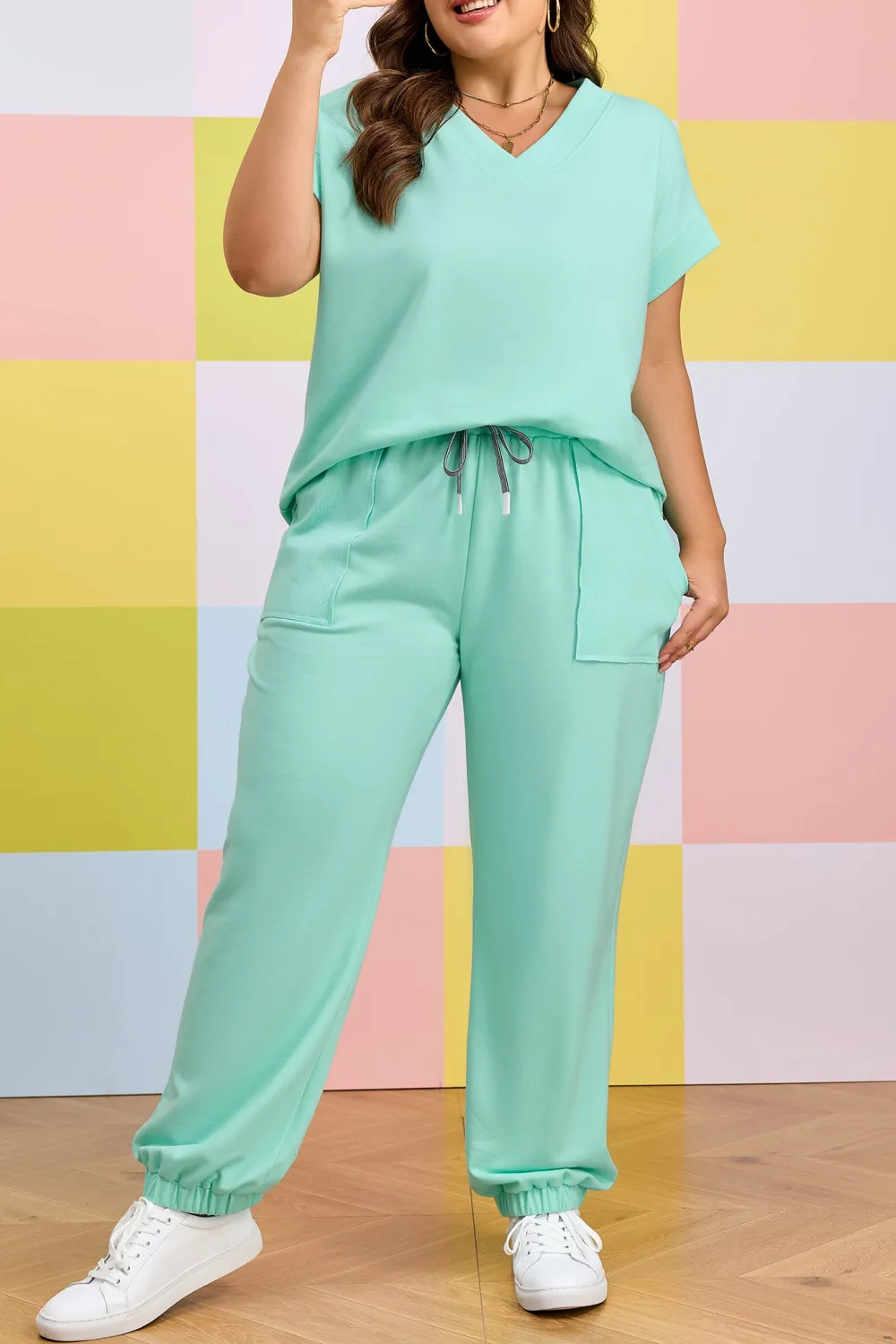 Women's Solid V-neck Tee and Drawstring Pants Set