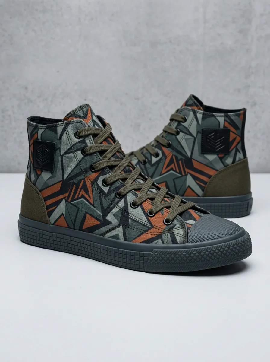 Men's Geometric Camo Pattern Printed Canvas High Top Shoes