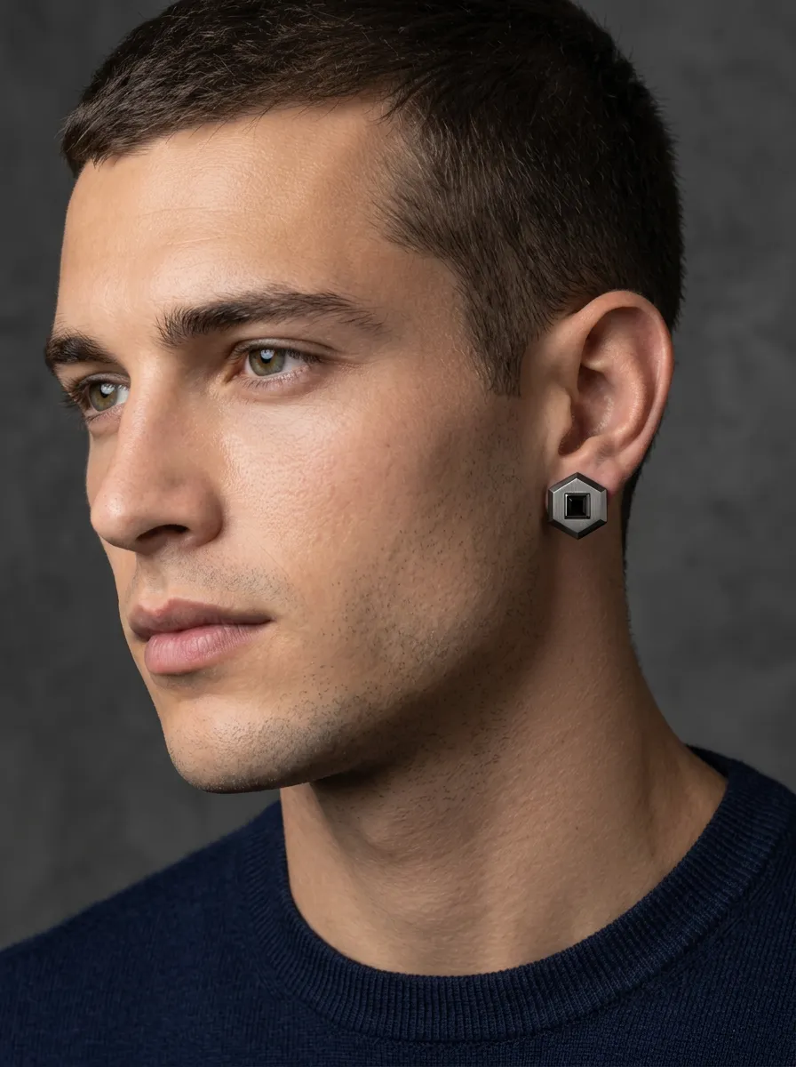 Men's Geometric Stone Hexagon Stud Earrings