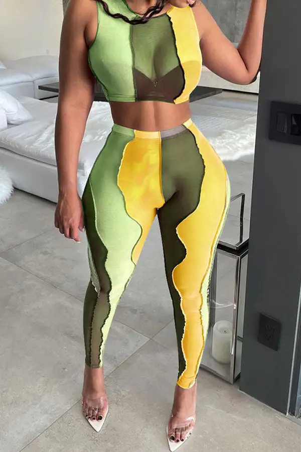 Colorblock Sheer Round Neck Pant Set