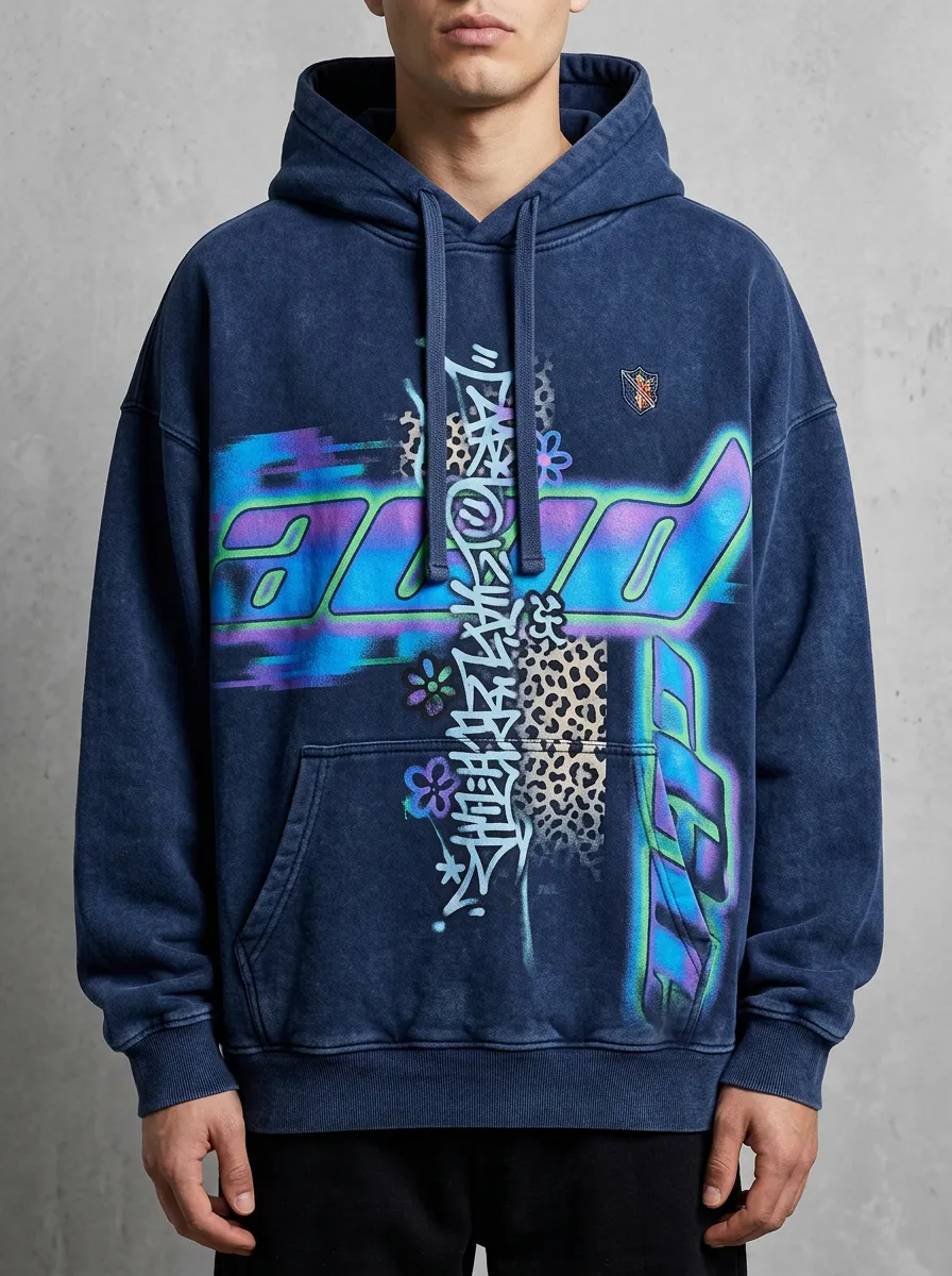 Men's Urban Streetwear Graffiti Leopard Floral Hoodie