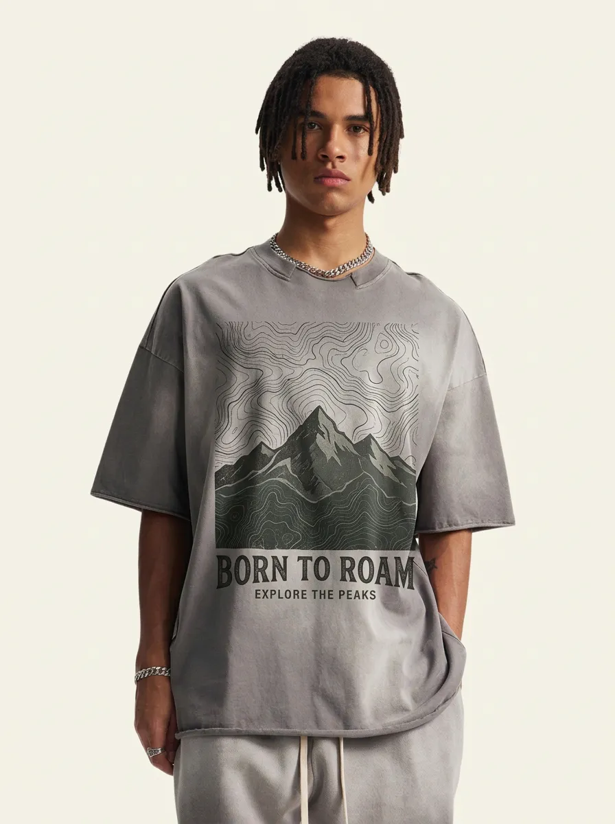 Men's Oversized Frontier Trek Outdoor Adventure Born To Roam Mountain Topographic Graphic T-Shirt