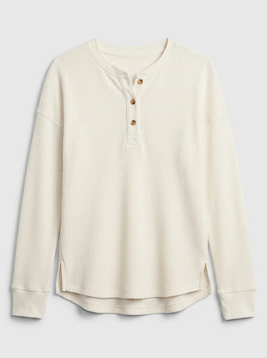 Women's Casual Waffle Knit Button Up Long Sleeve Henley Shirt