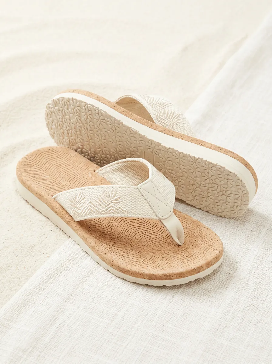 Women's Cork Embroidered Leaf Print Flat Flip Flops