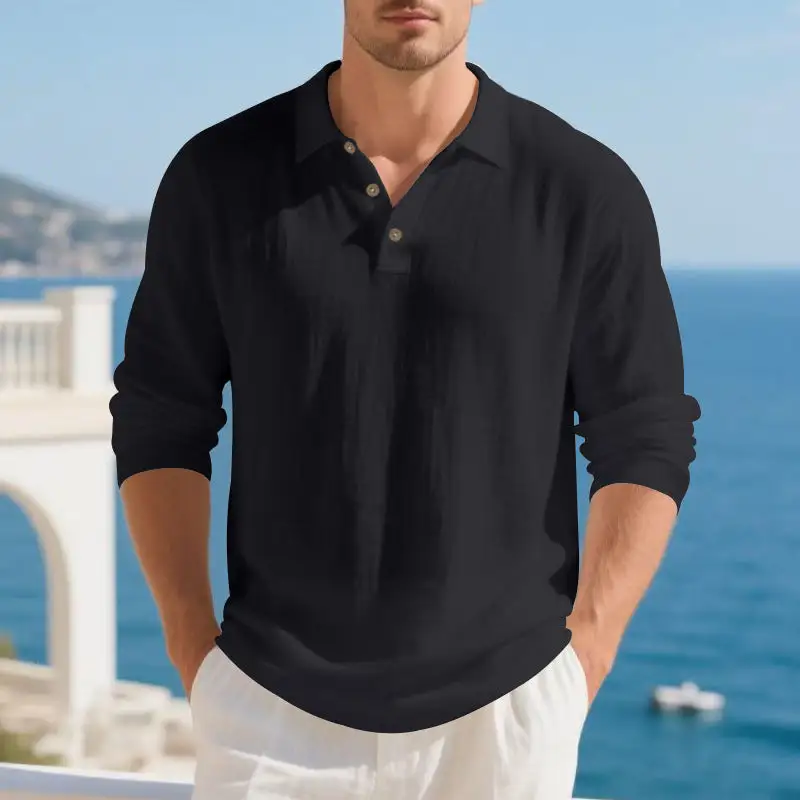Streamlined Button Placket Long Sleeve Polo Shirt