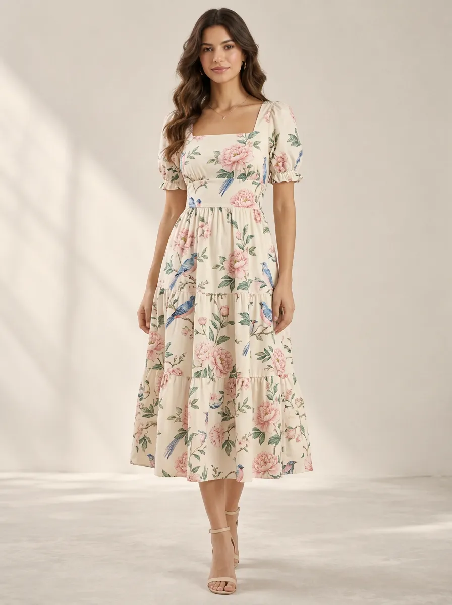 Women's Expressive Floral Bird Printed Midi Dress