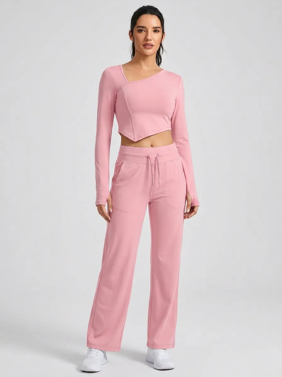 Women's Asymmetric Thumbhole Crop Top and Drawstring Wide-Leg Pant Set