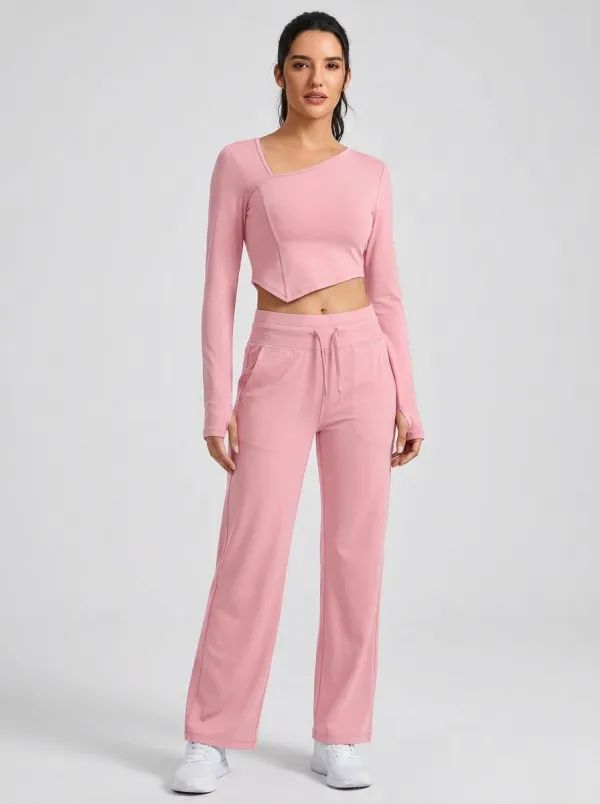 Women's Asymmetric Thumbhole Crop Top and Drawstring Wide-Leg Pant Set