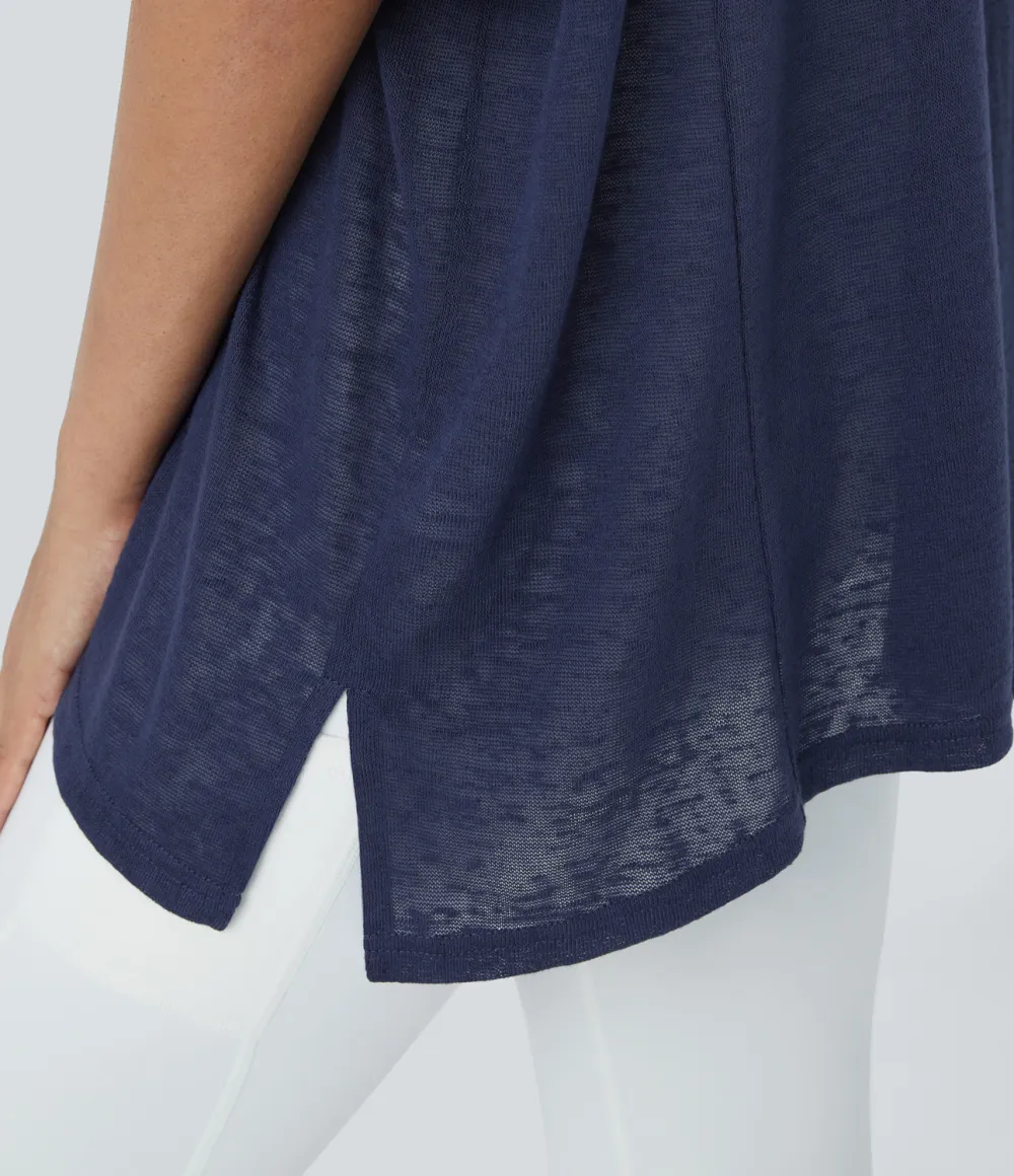 Asymmetric Split Hem Sheer Oversize Casual Top