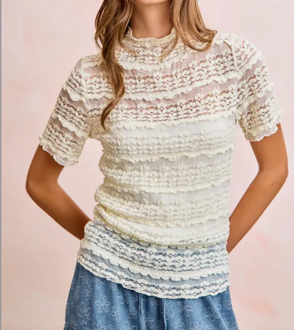 Lace Floral Ruffle Detail Top