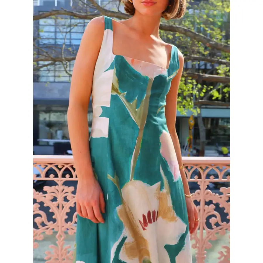 Classic Floral Print Square Neck Maxi Dress